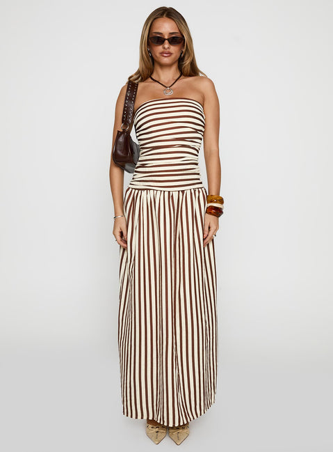 front view of model wearing Princess Polly Adessa Strapless Maxi Dress Multi Straight Neck 