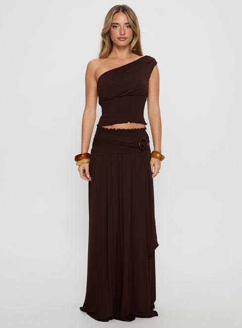   front view of model wearing Princess Polly Full Orbit Shirred Maxi Skirt Chocolate Brown Maxi Skirts Skirts 