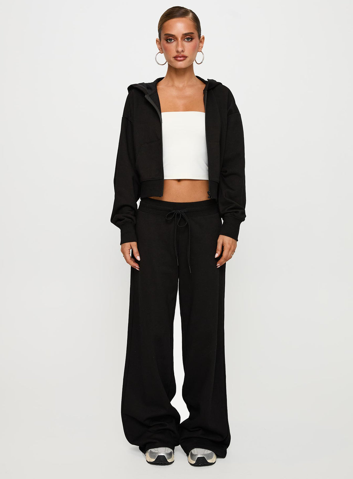 front view of model wearing Princess Polly Mindful Low Rise Pant Black Low Rise Pants Pants 