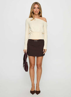   front view of model wearing Princess Polly Yellena Buckle Mini Skirt Brown Pinstripe Mini Skirts Skirts 