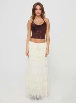   side view of model wearing Princess Polly Oh Plisse Maxi Skirt Cream Maxi Skirts Skirts 