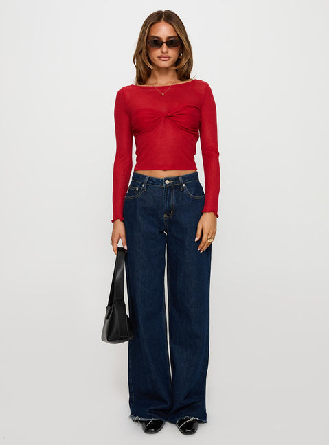 front view of model wearing Princess Polly November Long Sleeve Top Red Full Sleeves Boat Neck 