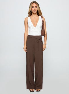 front view of model wearing Princess Polly Rush Hours Pants Chocolate High Rise Pants Pants 