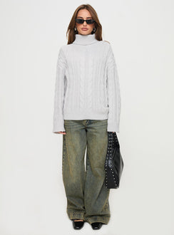 front view of model wearing Princess Polly Nyle Knit Sweater Grey Longline Jumpers Jumpers 