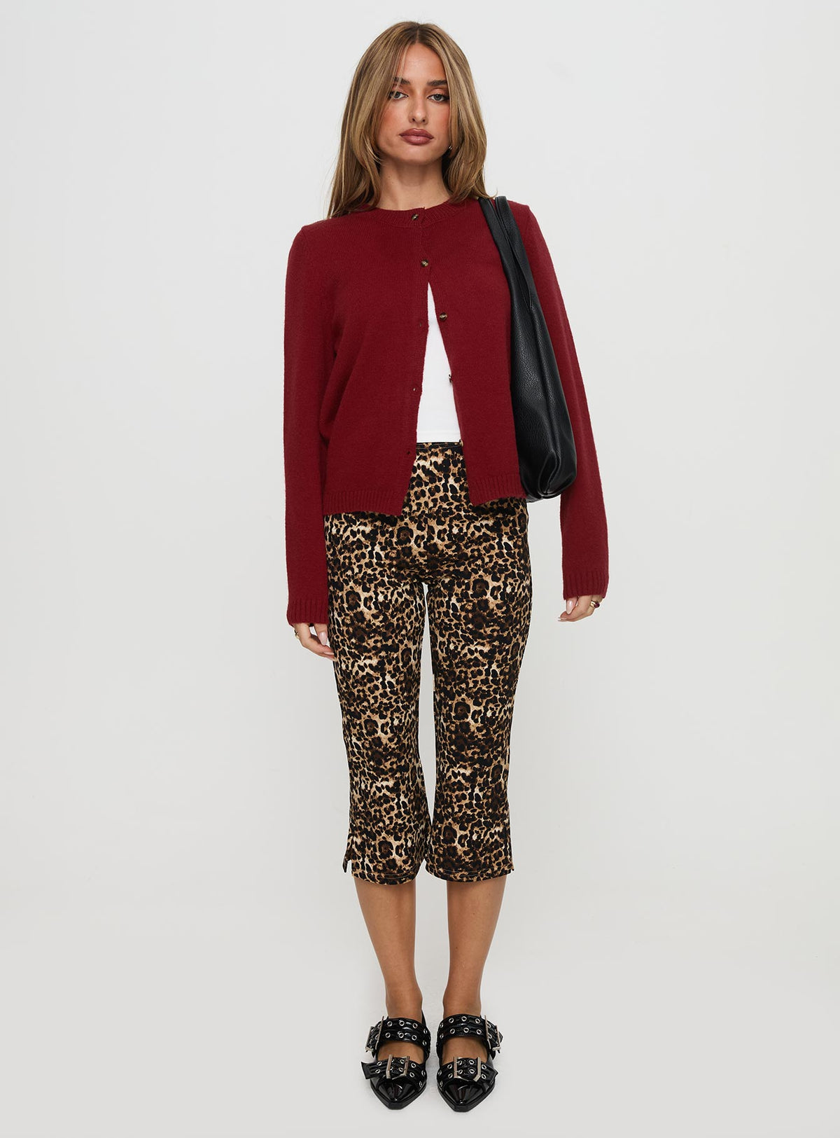 side view of model wearing Princess Polly Arica Button Up Knit Cardigan Red Longline Jumpers Jumpers 
