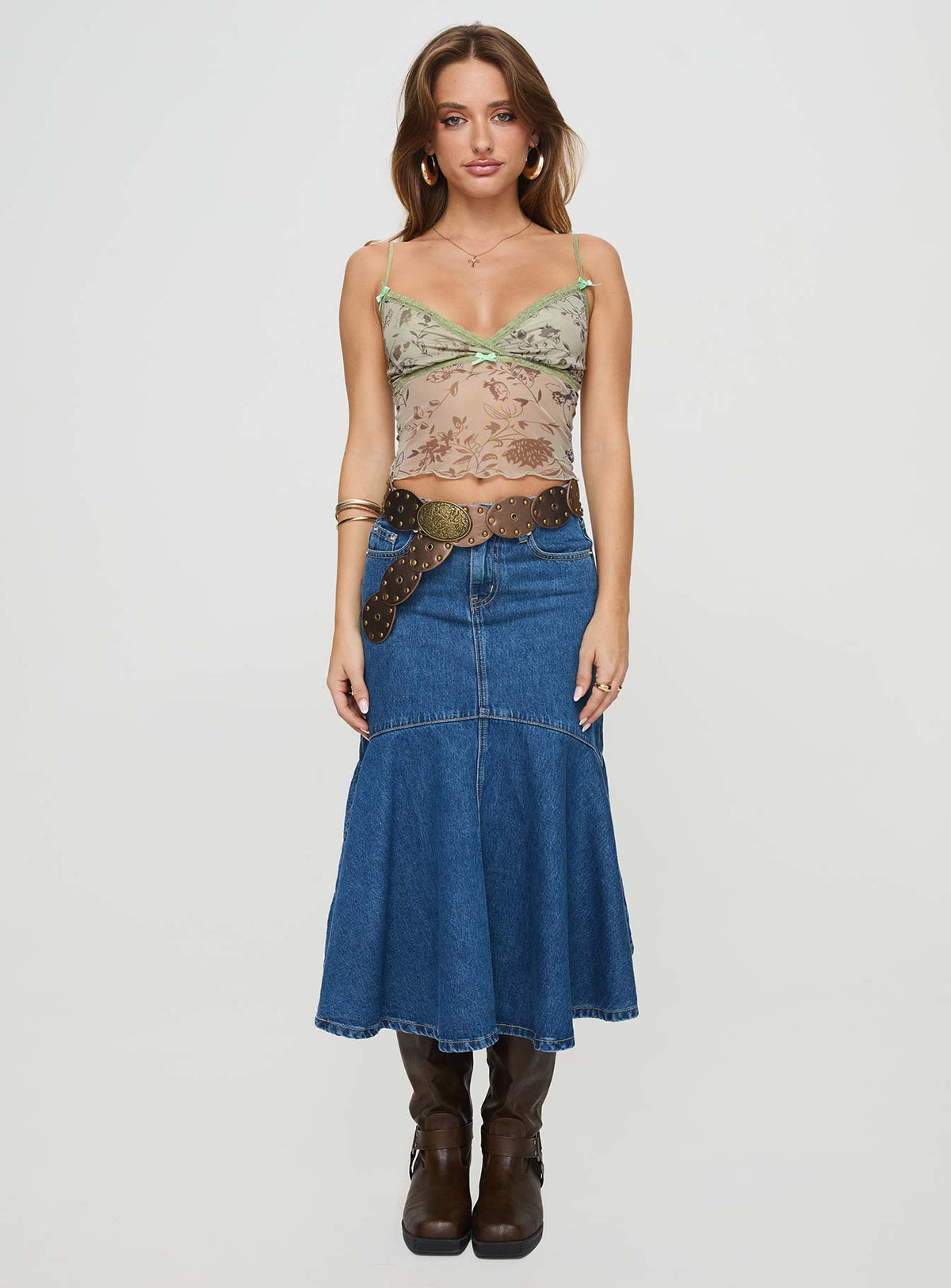 front view of model wearing Princess Polly Shepherd Top Brown Sleeveless Plunger 