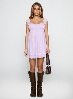 front view of model wearing Princess Polly Carlita Mini Dress Lilac Sweetheart Neckline 