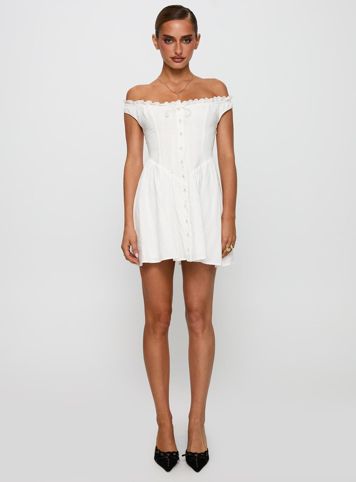 front view of model wearing Princess Polly White Horse Off The Shoulder Mini Dress White Straight Neck 