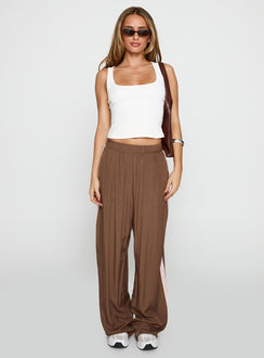 front view of model wearing Princess Polly No Doubts Track Pant Brown High Rise Pants Pants 