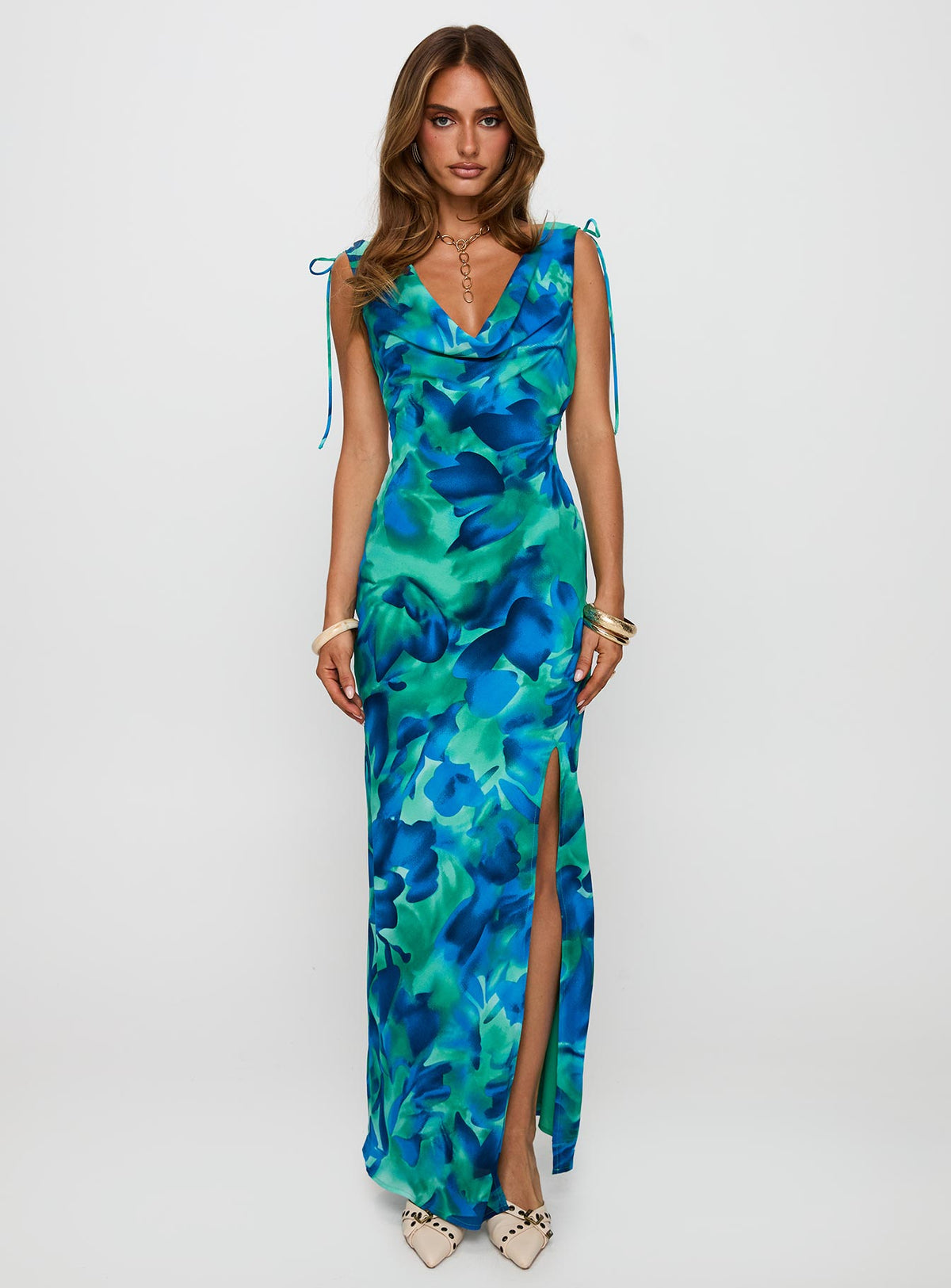 side view of model wearing Princess Polly Symphonies Cowl Maxi Dress Multi Cowl Neck 