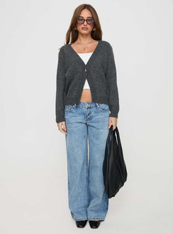 front view of model wearing Princess Polly Larkins Cardigan Grey cropped Jumpers 