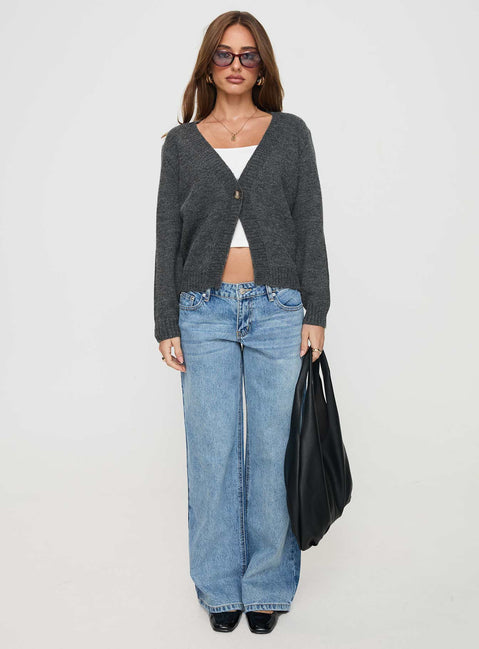 front view of model wearing Princess Polly Larkins Cardigan Grey cropped Jumpers 