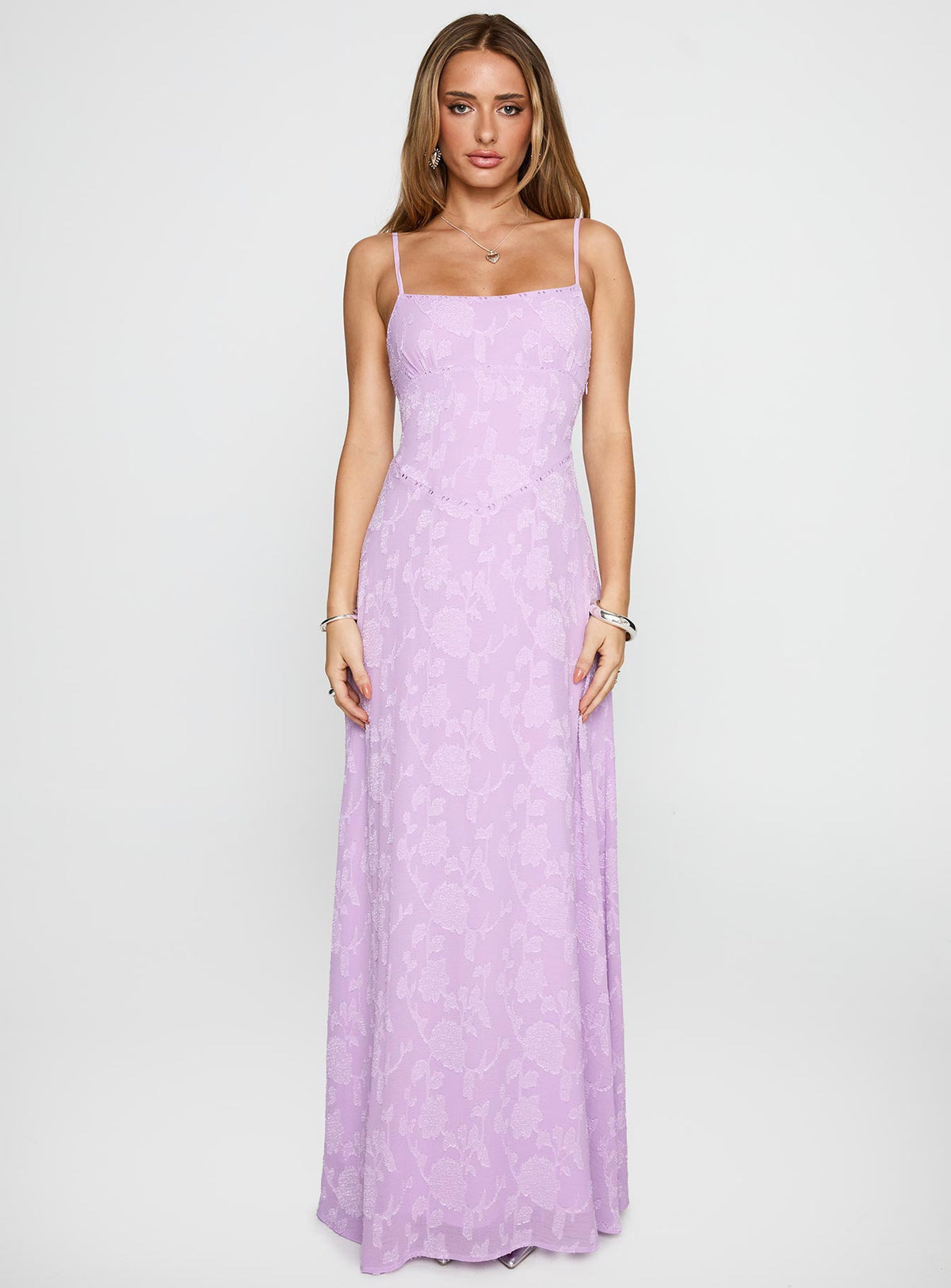 front view of model wearing Princess Polly South Of France Maxi Dress Lilac Square Neck 