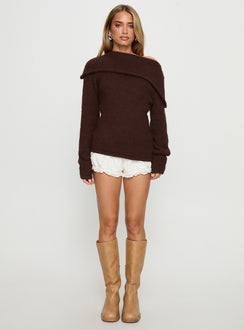 front view of model wearing Princess Polly Kinslea Off Shoulder Knit Sweater Brown regular Jumpers 