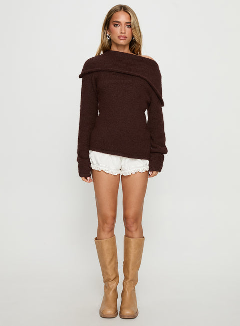 front view of model wearing Princess Polly Kinslea Off Shoulder Knit Sweater Brown regular Jumpers 