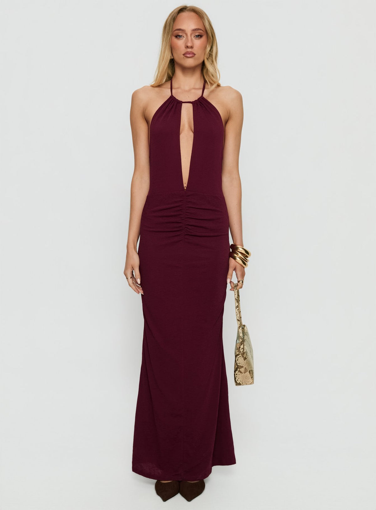 Lyssa Halter Plunge Maxi Dress Plum