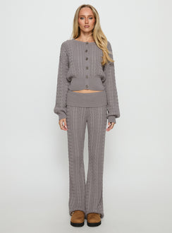 side view of model wearing Princess Polly Baleigh Cable Knit Foldover Pants Grey Mid Rise Pants Pants 