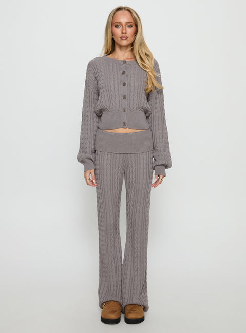 side view of model wearing Princess Polly Baleigh Cable Knit Foldover Pants Grey Mid Rise Pants Pants 
