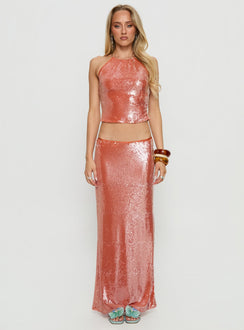   front view of model wearing Princess Polly Emalia Sheer Sequin Maxi Skirt Orange Maxi Skirts Skirts 