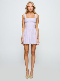 back view of model wearing Princess Polly Gentle Soul Mini Dress Purple Multi Sweetheart Neckline 