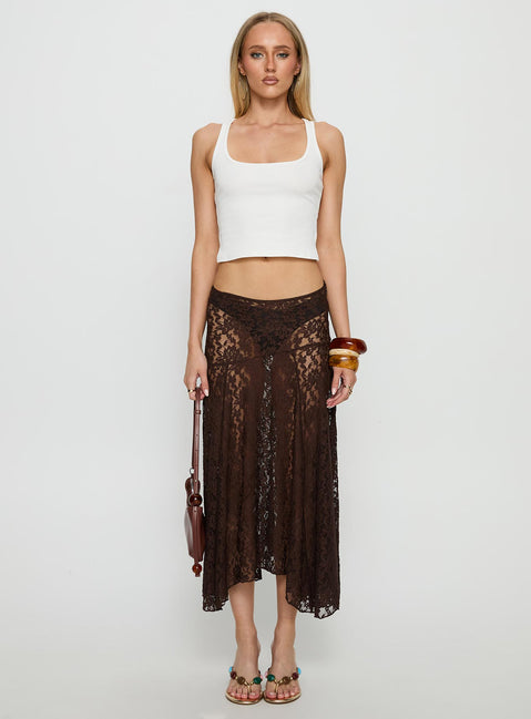   side view of model wearing Princess Polly Tidal Midi Skirt Chocolate 