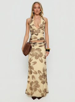   front view of model wearing Princess Polly Roselin Mesh Maxi Skirt Brown Floral Maxi Skirts Skirts 
