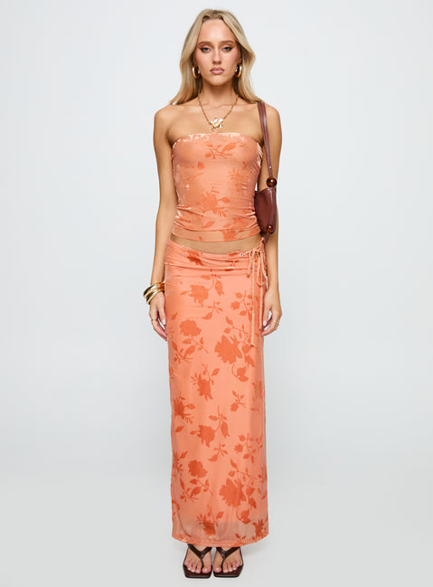   side view of model wearing Princess Polly Mikah Maxi Skirt Orange Maxi Skirts Skirts 
