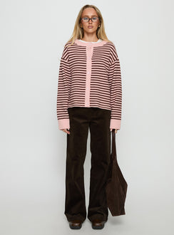 side view of model wearing Princess Polly Darnelle Button Up Knit Cardigan Pink Stripe Longline Jumpers Jumpers 