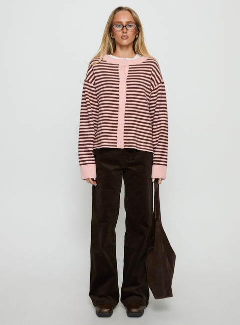 side view of model wearing Princess Polly Darnelle Button Up Knit Cardigan Pink Stripe Longline Jumpers Jumpers 