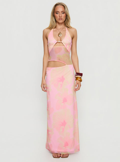 Dyanna Halter Mesh Maxi Dress Pink Floral