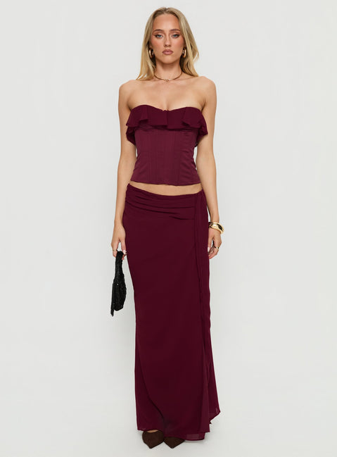   side view of model wearing Princess Polly Hollian Draped Maxi Skirt Wine Maxi Skirts Skirts 