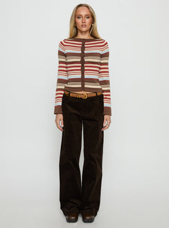 front view of model wearing Princess Polly Kenza Wide Leg Corduroy Pant Brown Mid Rise Pants Pants 