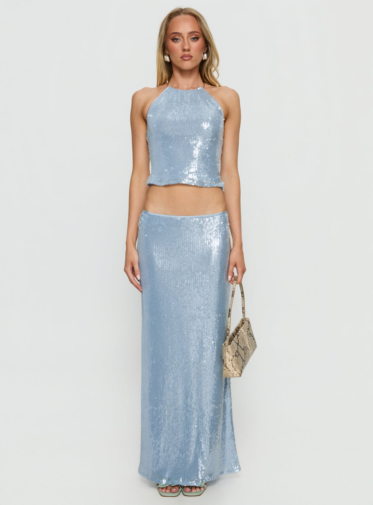   side view of model wearing Princess Polly Emalia Sheer Sequin Maxi Skirt Blue Skirts 