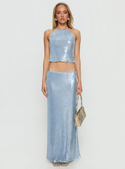   side view of model wearing Princess Polly Emalia Sheer Sequin Maxi Skirt Blue Skirts 
