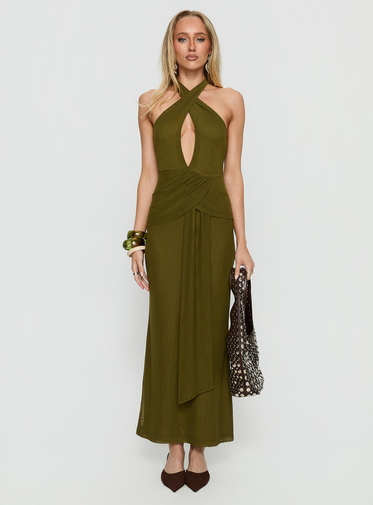 Feliza Keyhole Halter Maxi Dress Olive