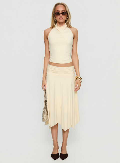   front view of model wearing Princess Polly Scenic Route Asymmetrical Midi Skirt Yellow Midi Skirts Skirts 