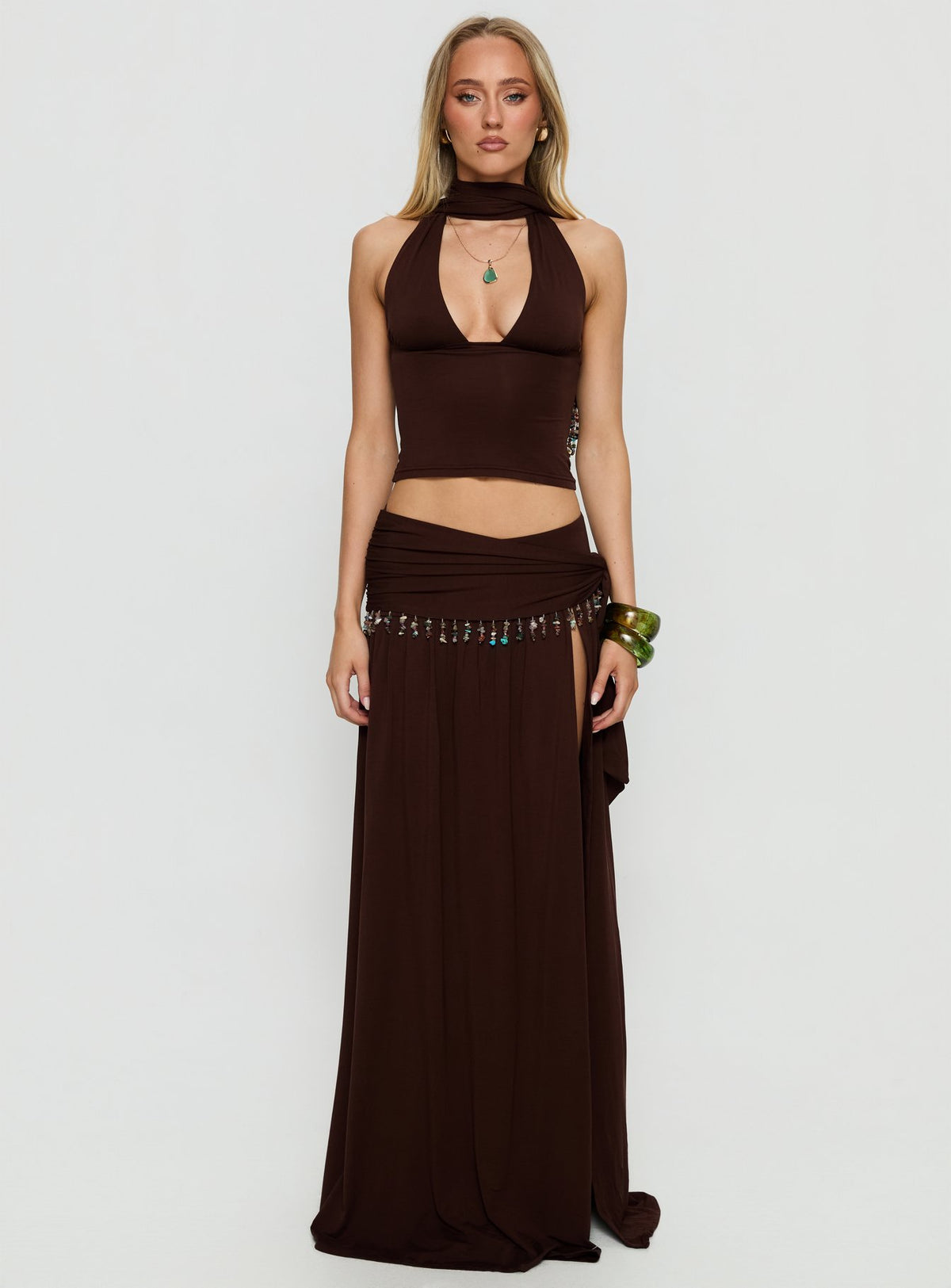   front view of model wearing Princess Polly Spirita Beaded Sarong Maxi Skirt Brown Maxi Skirts Skirts 