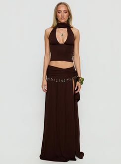   front view of model wearing Princess Polly Spirita Beaded Sarong Maxi Skirt Brown Maxi Skirts Skirts 