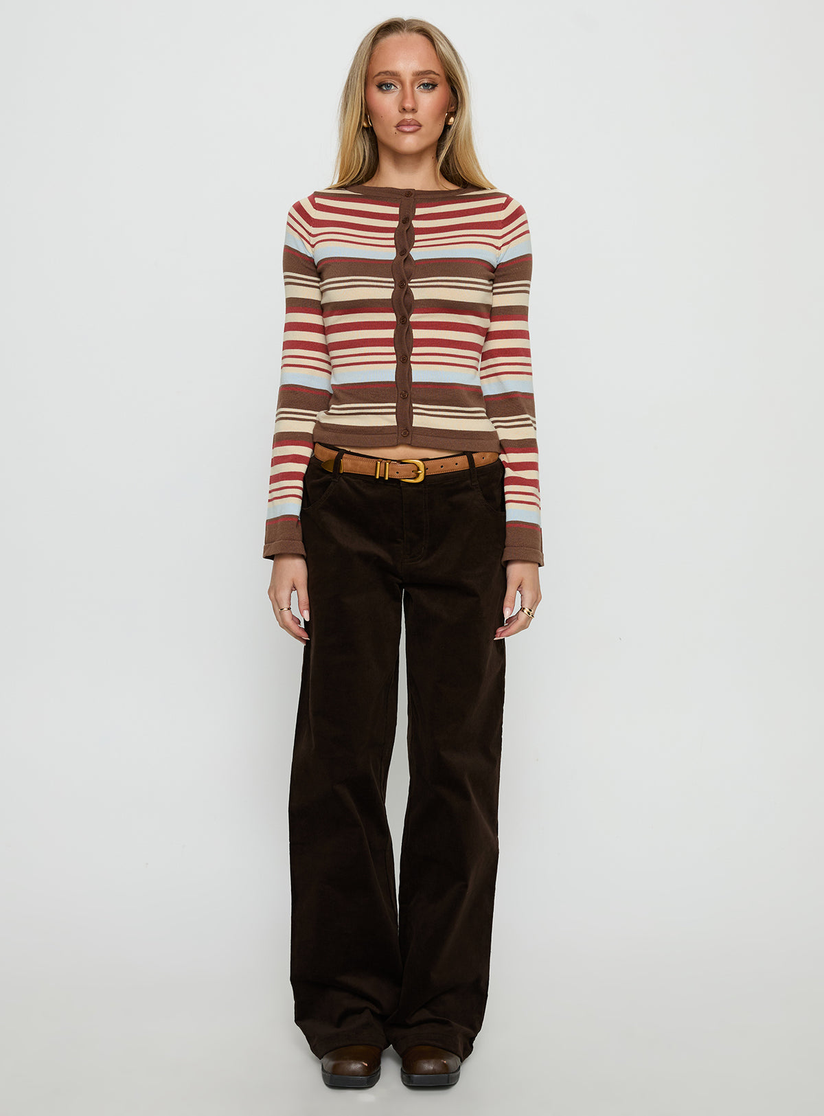 side view of model wearing Princess Polly Milda Knit Cardigan Multi Stripe Jumpers 