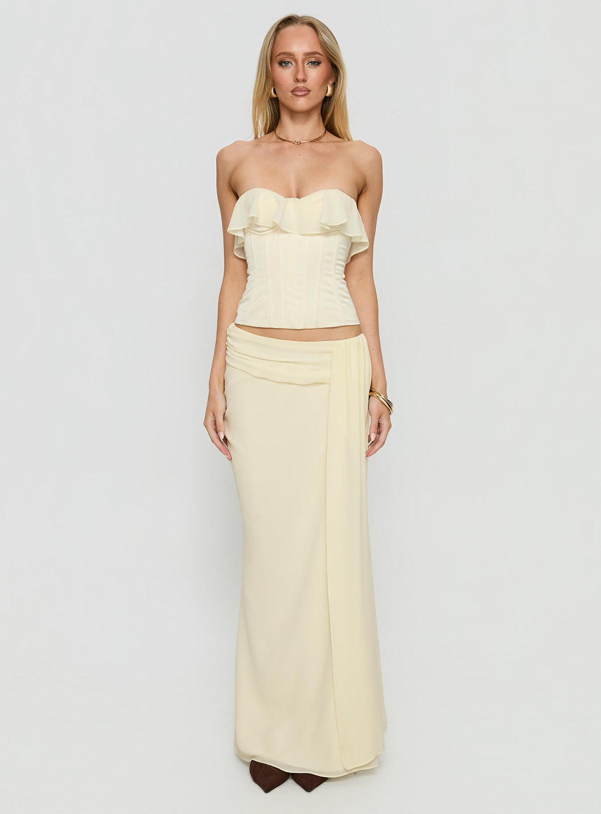   front view of model wearing Princess Polly Holliann Draped Maxi Skirt Butter Maxi Skirts Skirts 