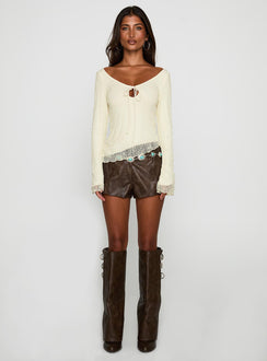 back view of model wearing Princess Polly Hyacinthe Long Sleeve Top Cream Full Sleeves Scoop Neck 