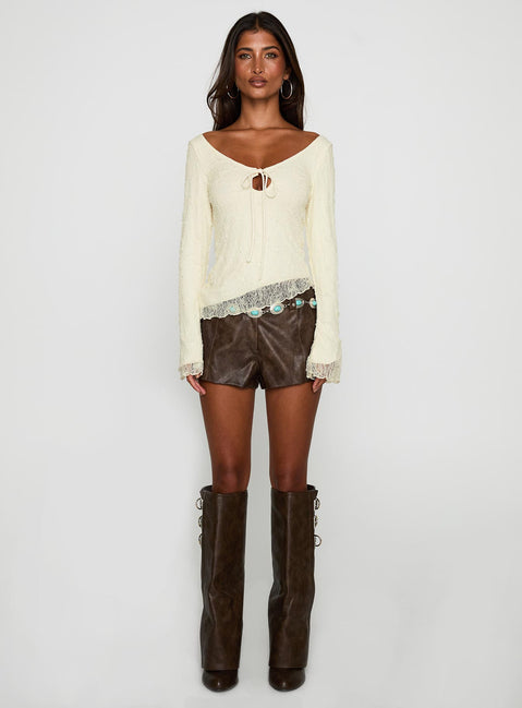 back view of model wearing Princess Polly Hyacinthe Long Sleeve Top Cream Full Sleeves Scoop Neck 
