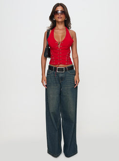 front view of model wearing Princess Polly Come See Me Tie Up Halter Top Red Sleeveless Plunger 