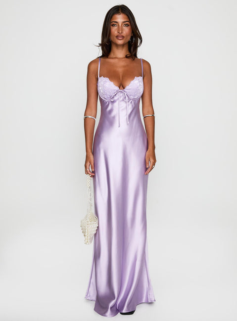 side view of model wearing Princess Polly Fadyen Bias Cut Maxi Dress Lilac Sweetheart Neckline 