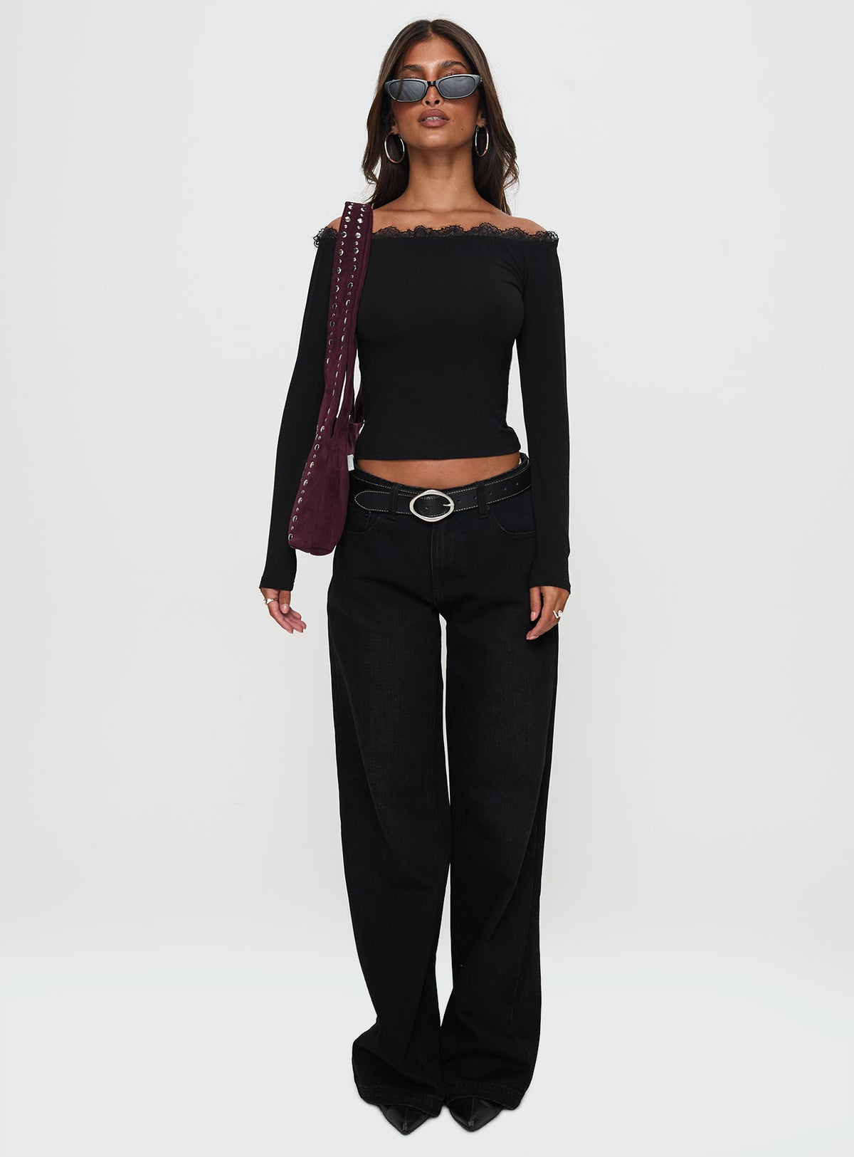 front view of model wearing Princess Polly Everlong Mid Rise Straight Leg Jeans Mid Black Wash High Rise Jeans Jeans 
