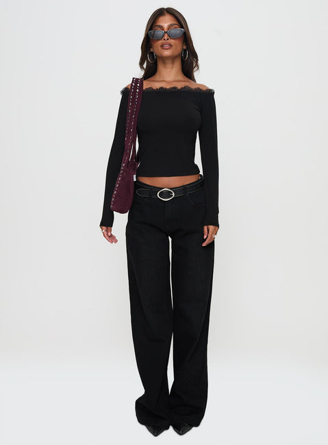front view of model wearing Princess Polly Everlong Mid Rise Straight Leg Jeans Mid Black Wash High Rise Jeans Jeans 