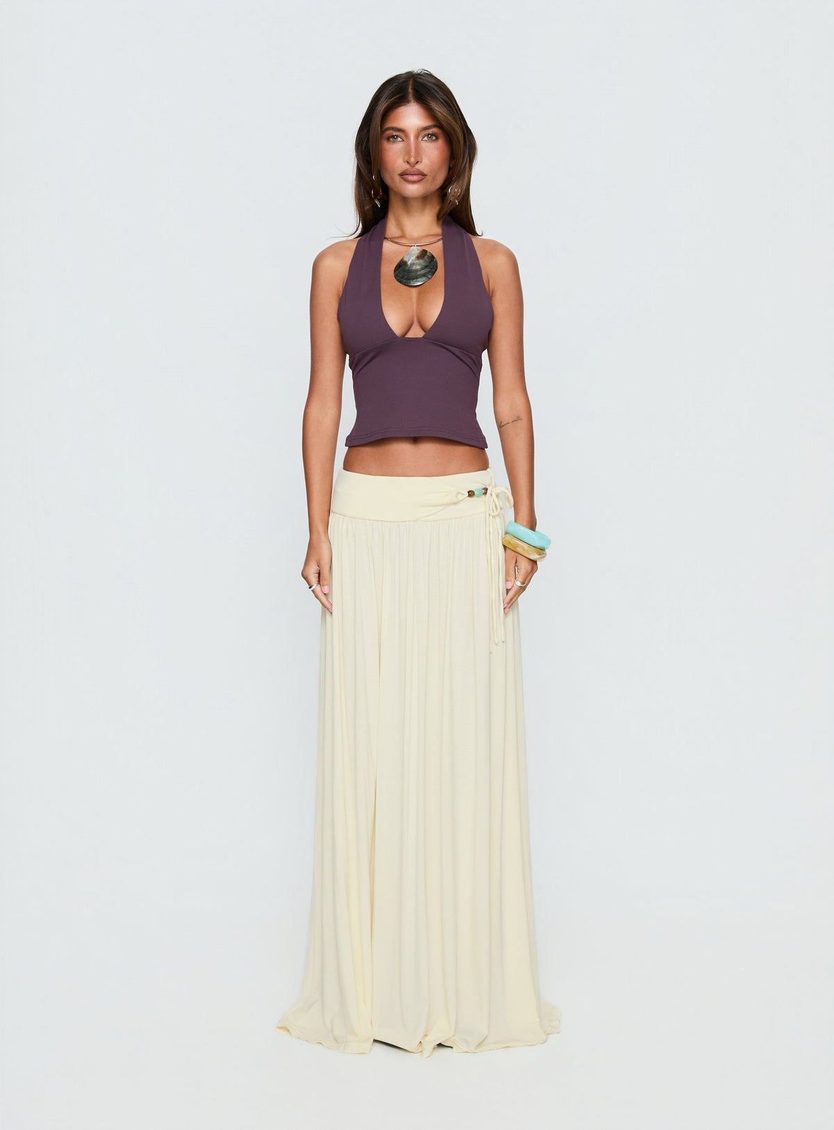   front view of model wearing Princess Polly Velvet Storm Tie Detail Flowy Maxi Skirt Cream Maxi Skirts Skirts 