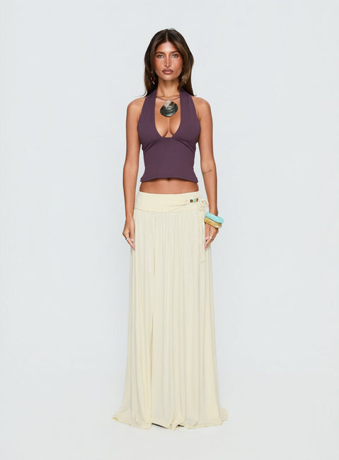   front view of model wearing Princess Polly Velvet Storm Tie Detail Flowy Maxi Skirt Cream Maxi Skirts Skirts 
