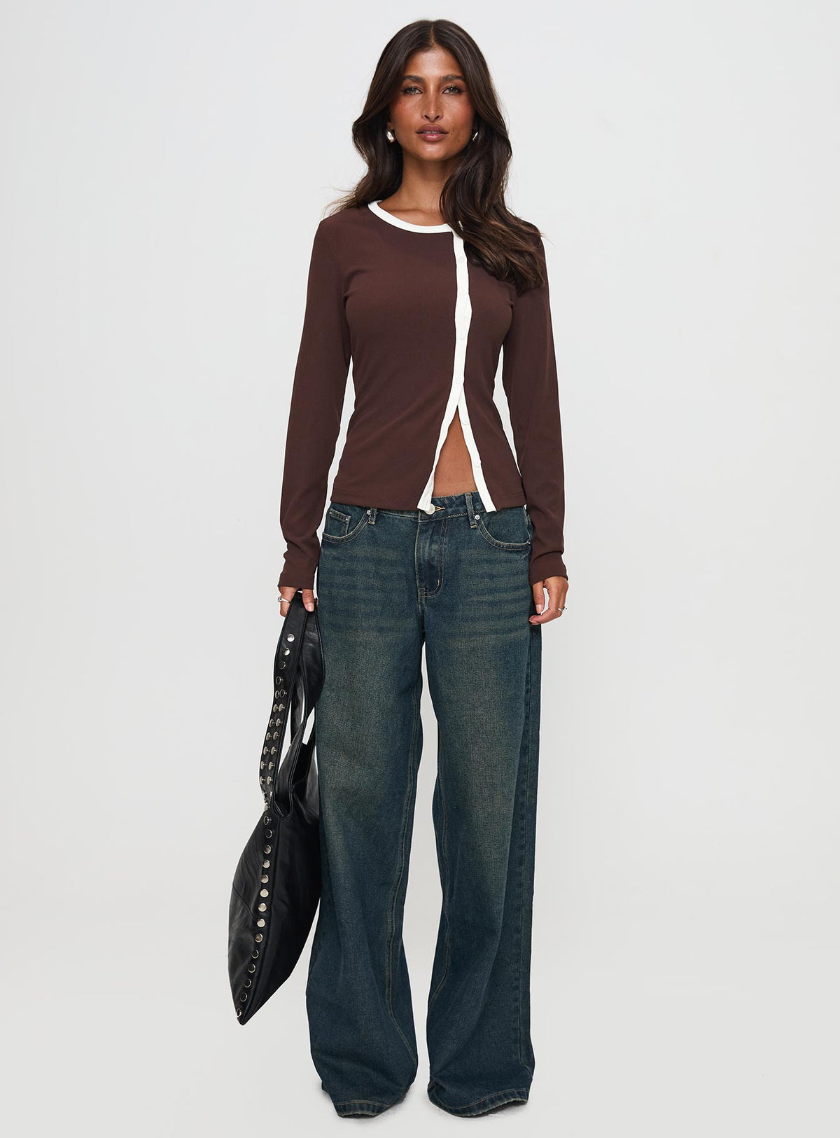 back view of model wearing Princess Polly Phaidra Button Up Long Sleeve Top Brown Full Sleeves Scoop Neck 