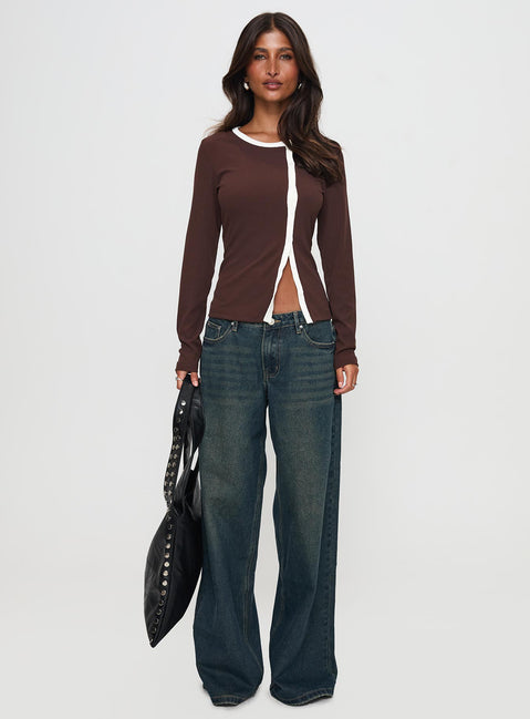 back view of model wearing Princess Polly Phaidra Button Up Long Sleeve Top Brown Full Sleeves Scoop Neck 